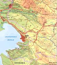 Small map of hinterland of the Trieste bay in the Adriatic sea, where Karst (Kras) region is located (11 kb)
